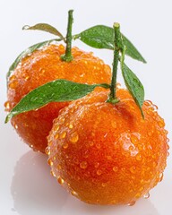 Two Ripe Tangerines Covered in Water Droplets on a White Background