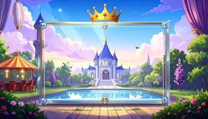 An ornate, decorative illustration showing a castle reflected in a pool of water