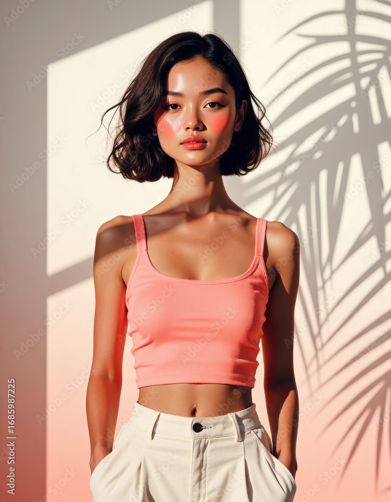 Poster individual with an elliptical face pattern posing against a soft background