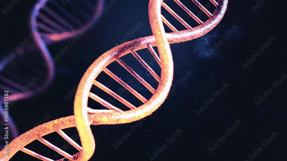 Poster glowing dna helix rotating on dark background with particles
