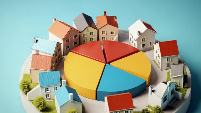 Miniature houses surrounding a pie chart representing housing market share