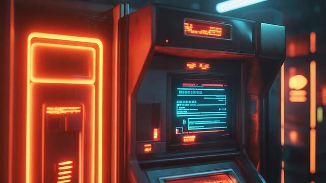 Futuristic atm machine glowing in cyberpunk city at night