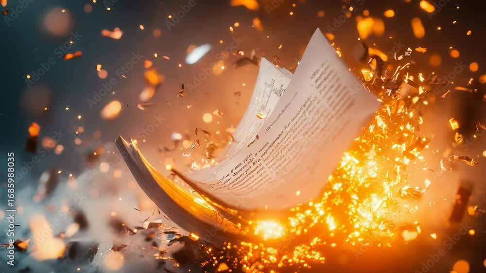 Poster burning book exploding with pages turning into ashes and embers