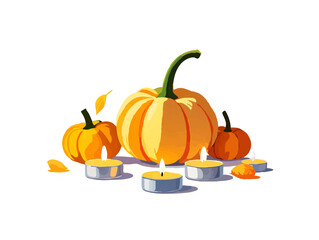 Obraz premium Mini Pumpkins and Tealights on White Background