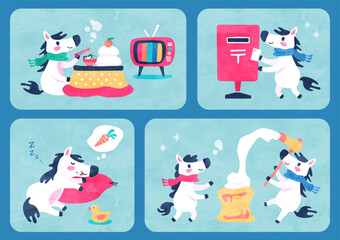 馬（午）のカードイラスト お正月の風景（こたつ・餅つき・年賀状・寝正月） 水彩風