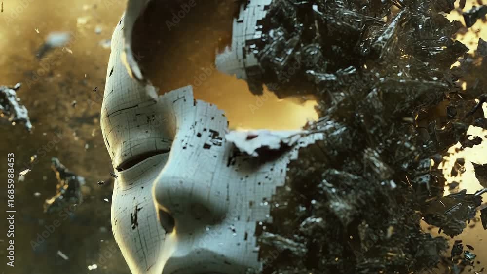 Poster artificial intelligence face exploding into small particles