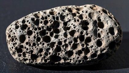 Close-up of a porous, gray volcanic rock with numerous irregular holes