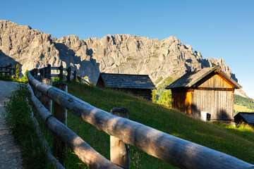 Scenic view of Valley against Munt de Fornella in Dolomites mountains. South Tyrol, Italy, Europe