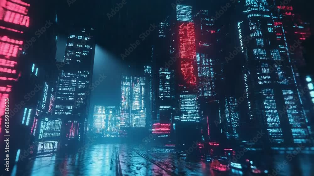 Poster futuristic cityscape showing programming code reflecting on wet pavement at night