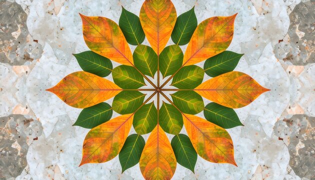 Colorful leaves in a symmetrical mandala design