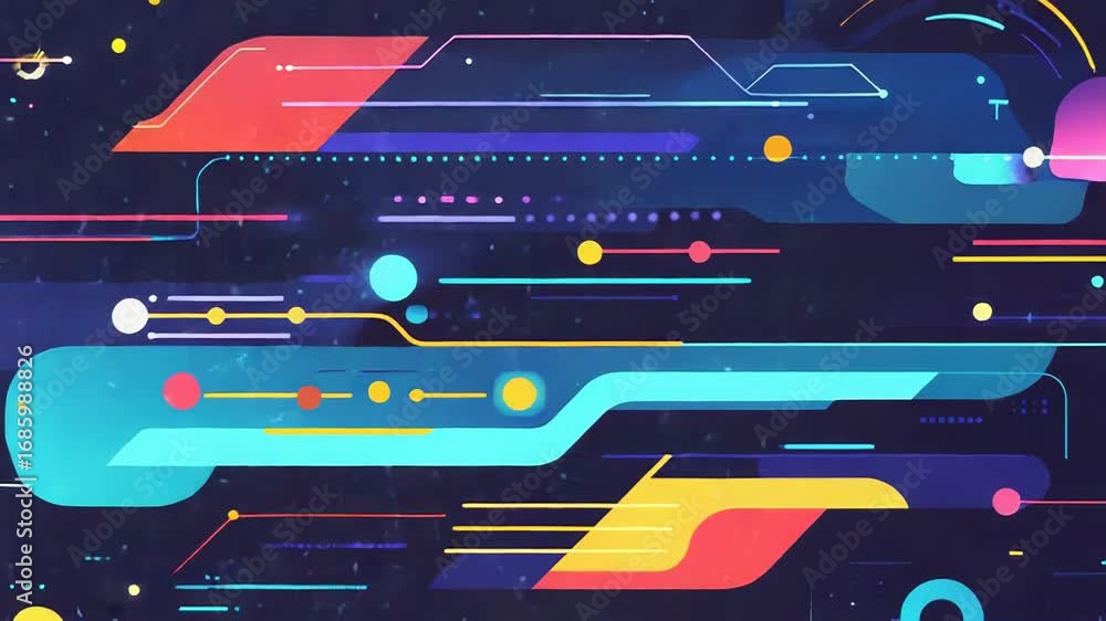 Poster colorful abstract geometric shapes connecting data flowing through futuristic circuit board