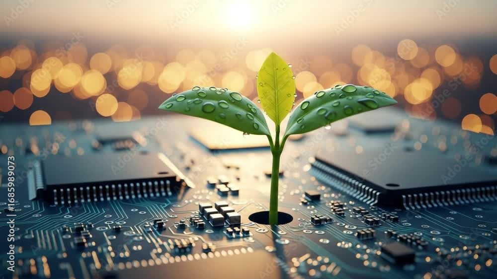 Poster close up of a seedling with water droplets growing from a computer circuit board with bokeh lights