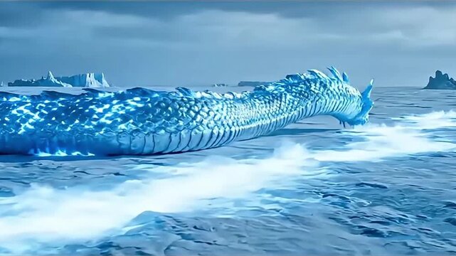 Majestic Crystalline Ice Dragon Serpent Gliding Swiftly Through a Frozen Arctic Sea