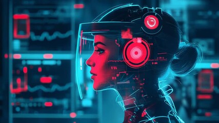 Futuristic woman wearing helmet with hud display analyzing data in server room - Powered by Adobe