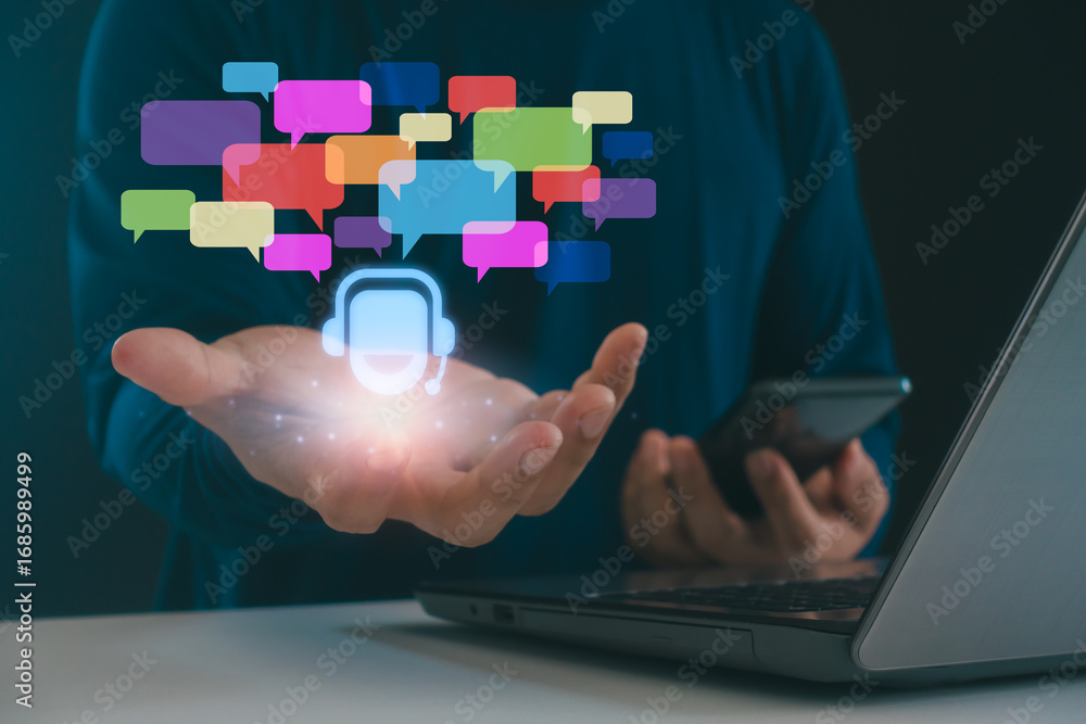 Poster customer support concept with virtual assistant icon and colorful chat bubbles, representing ai chat