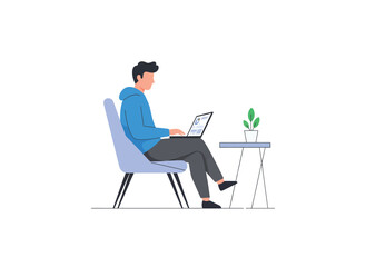Vector of man working on laptop while sitting on a chair