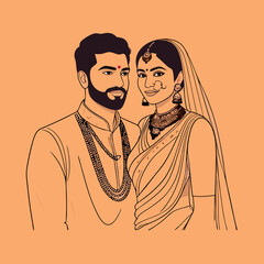 Indian Couple Portrait Wedding Ceremony Traditional Attire.