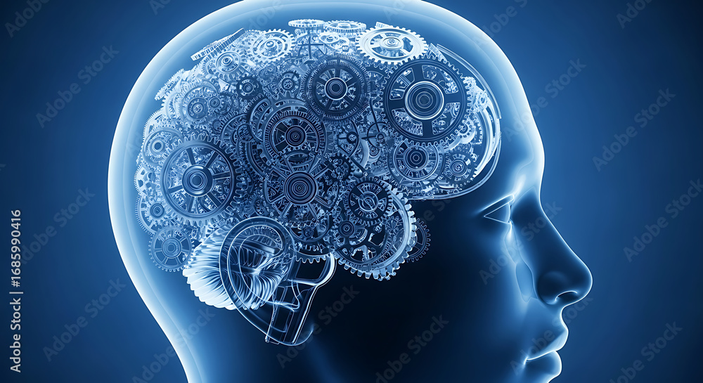 Poster intricate mechanical brain gears symbolize complex thought, innovation, and cognitive processes in a