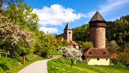 Fototapeta premium Picturesque village scene with historic towers and blossoming trees under a vibrant sky.