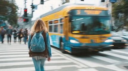 Focused medium shot of a pedestrian crossing a crosswalk with an electronic bus approaching in the blurred background representing sustainable public transit.