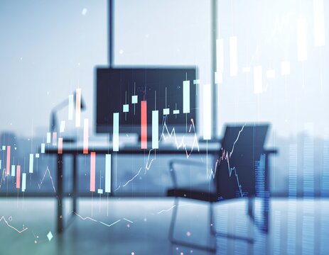 Abstract office scene with financial data overlay