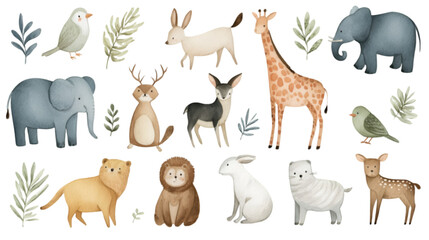 A charming collection of various watercolor animals for children.