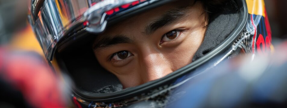 Close-up of a focused young asian racer with helmet, ready for a race. Ideal for motorsport, racing, or competitive sports use. Captures determination and concentration in high-energy environments.