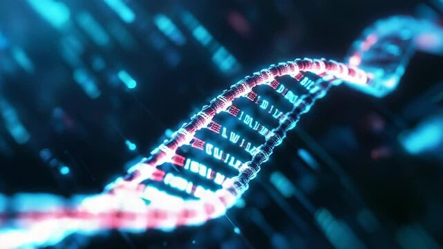 Digital dna chain rotating with binary code in the background