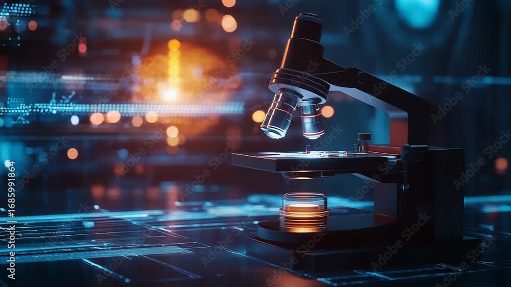 Poster modern microscope analyzing sample in futuristic laboratory setting with holographic data display