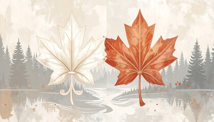 Two maple leaves, one white and one red-orange, set against a backdrop of a misty forest and water