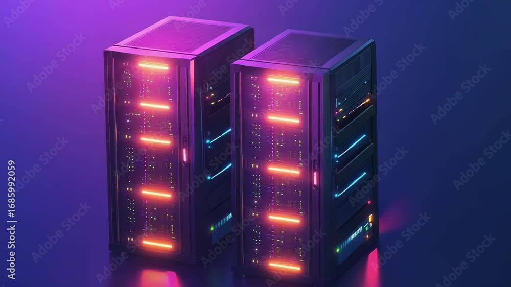 Poster server racks glowing in dark data center processing big data