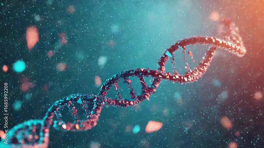 Poster abstract crystallized dna structure rotating on teal background