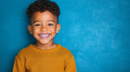 Radiant young african american boy with short curly hair smiling happily in a bright outdoor scene