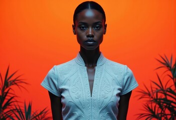 Individual with equal symmetrical pattern against a vibrant orange background