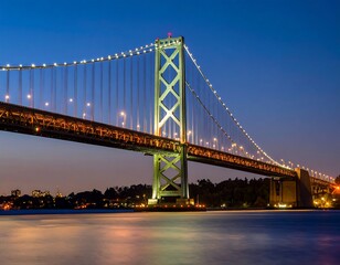 Illuminated suspension bridge at twilight over calm water