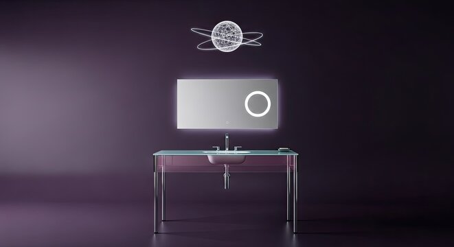 Futuristic bathroom vanity with illuminated mirror and holographic globe.