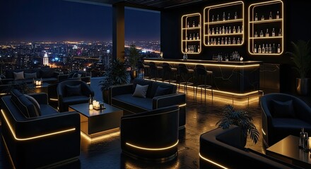 Luxurious rooftop bar at night, offering stunning city views and elegant seating.