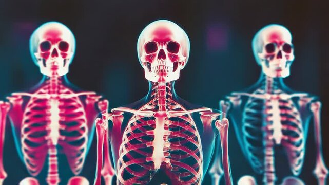 Human skeletons showing bones, ribs, skull, spine and joints