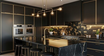 Luxurious modern kitchen design featuring black and gold accents, marble countertops, and sleek appliances.