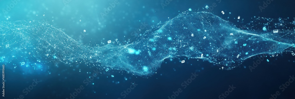 Poster digital wave of glowing particles creating a mesmerizing visual effect in a dark blue backdrop