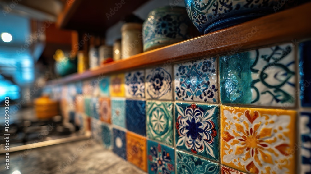 Poster closeup of a kitchen backsplash showcasing vibrant ceramic tile patterns with sharp detail on the gr