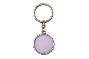 Silver keychain dangling with purple blank round tag, offering personalized branding potential against translucent backdrop