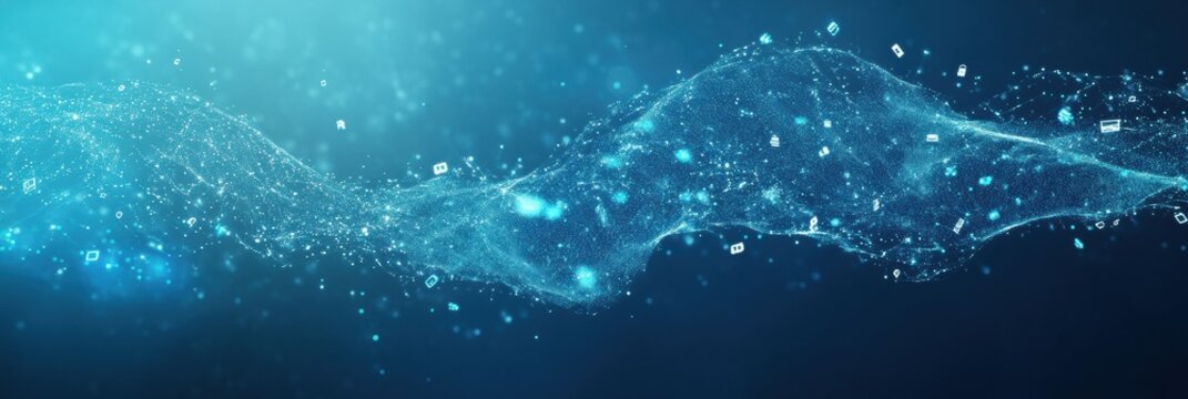 Digital wave of glowing particles creating a mesmerizing visual effect in a dark blue backdrop