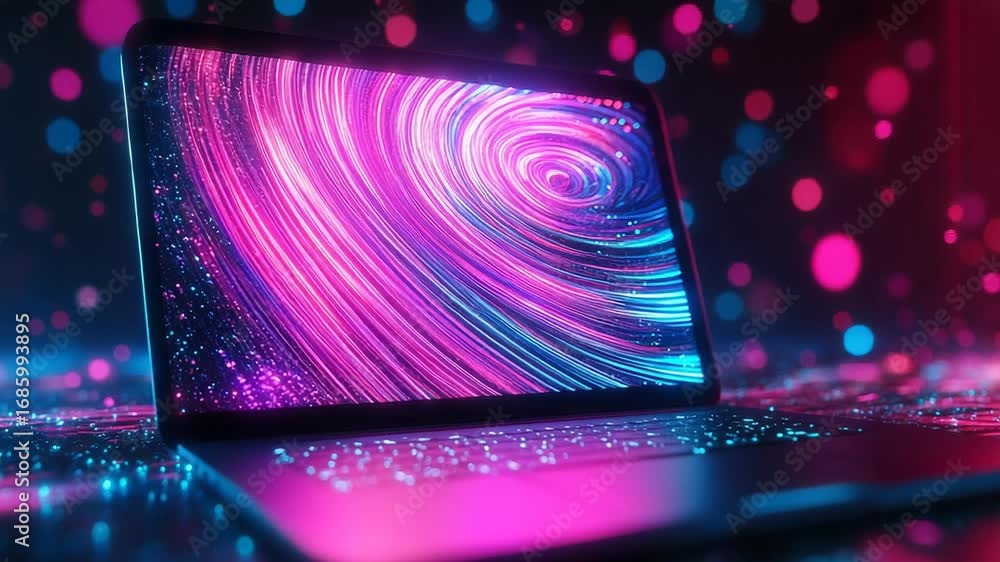 Poster laptop showing abstract swirling light trails and bokeh effect in background