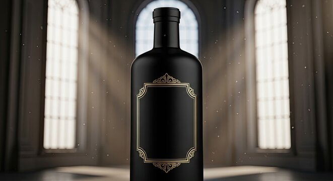 Elegant black wine bottle with ornate gold label, displayed in a grand, dimly lit hall.