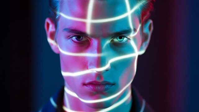 1   Man with glowing light streaks on his face, with strong, intense gaze