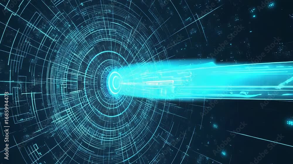 Poster futuristic data stream flowing through digital tunnel visualization