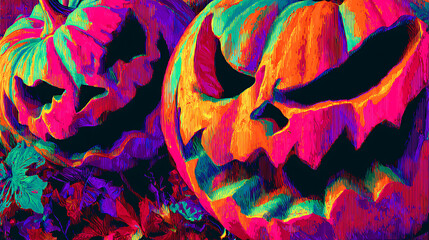Two vibrant Halloween pumpkins with menacing expressions surrounded by colorful foliage at dusk
