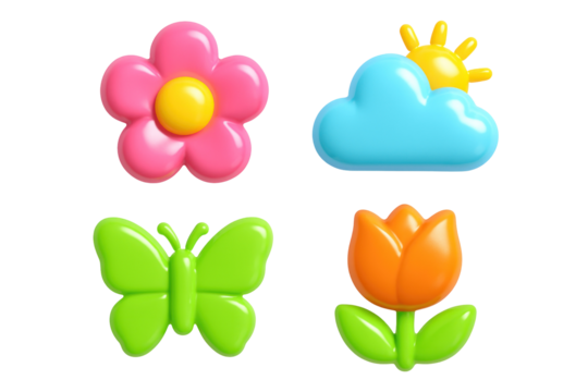 Colorful Floral Cartoon Illustrations Of Flowers Butterflies Clouds And Sun Elements On Transparent Background