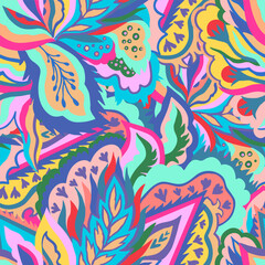 Colorful seamless pattern with chaotic floral and psychedelic abstract elements. Vector illustration.